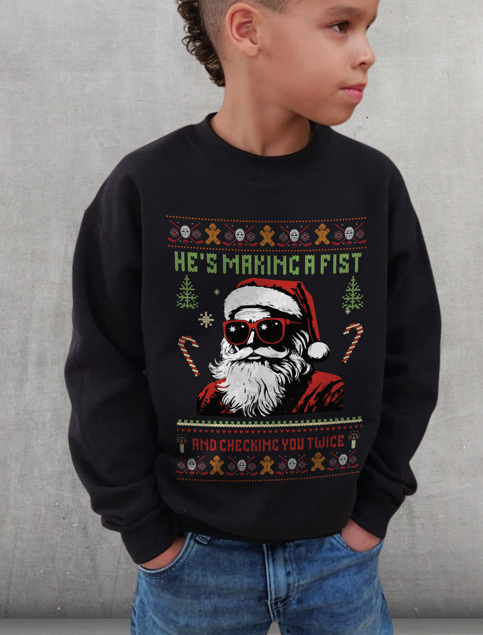 He's Making a Fist and Checking You Twice Youth Crewneck Sweatshirt