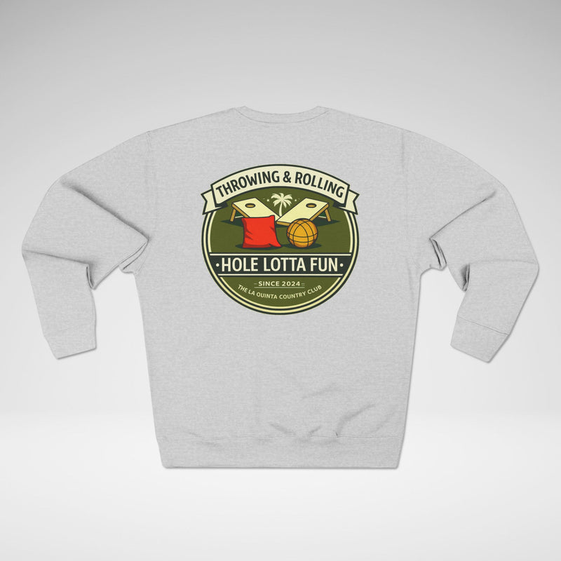 Cornhole Club Crewneck Sweatshirt — "Hole Lotta Fun" Retro Patch Design