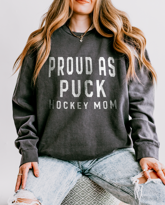 Proud as Puck Hockey Mom Comfort Colors Unisex Lightweight Crewneck Sweatshirt