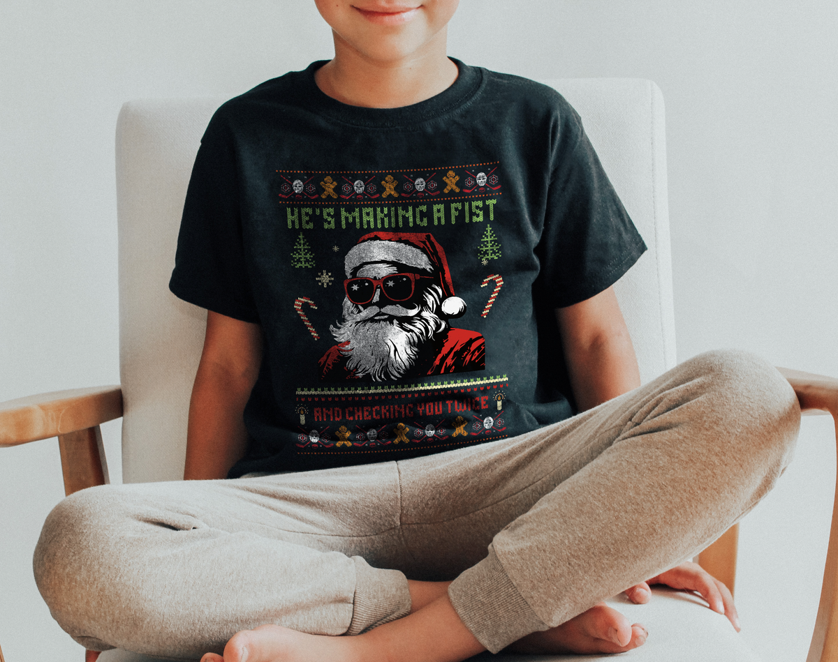 He's Making a Fist and Checking You Twice Youth Short Sleeve Tee